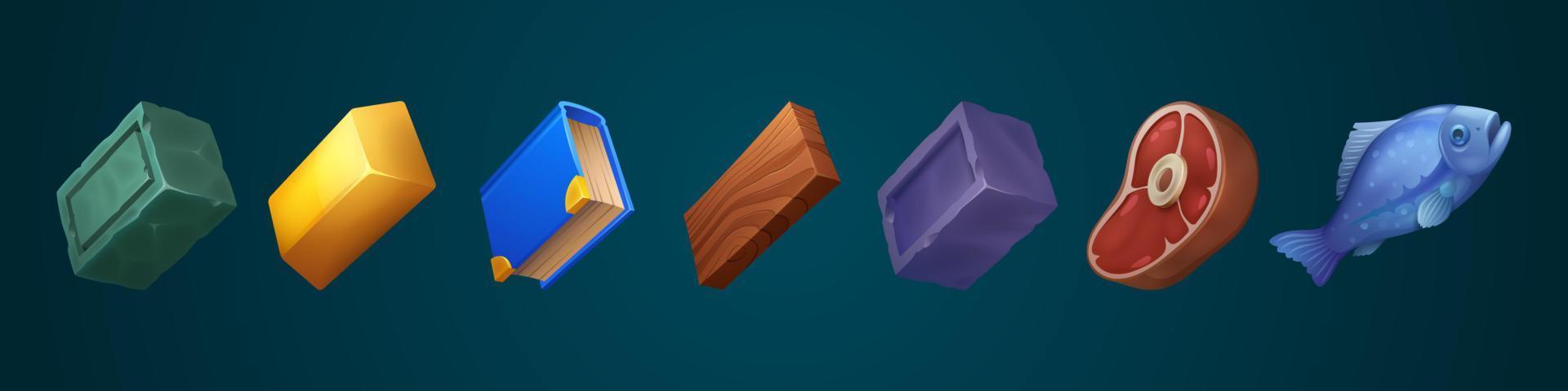 spel ikoner av mat, sten, trä, guld och bok vektor