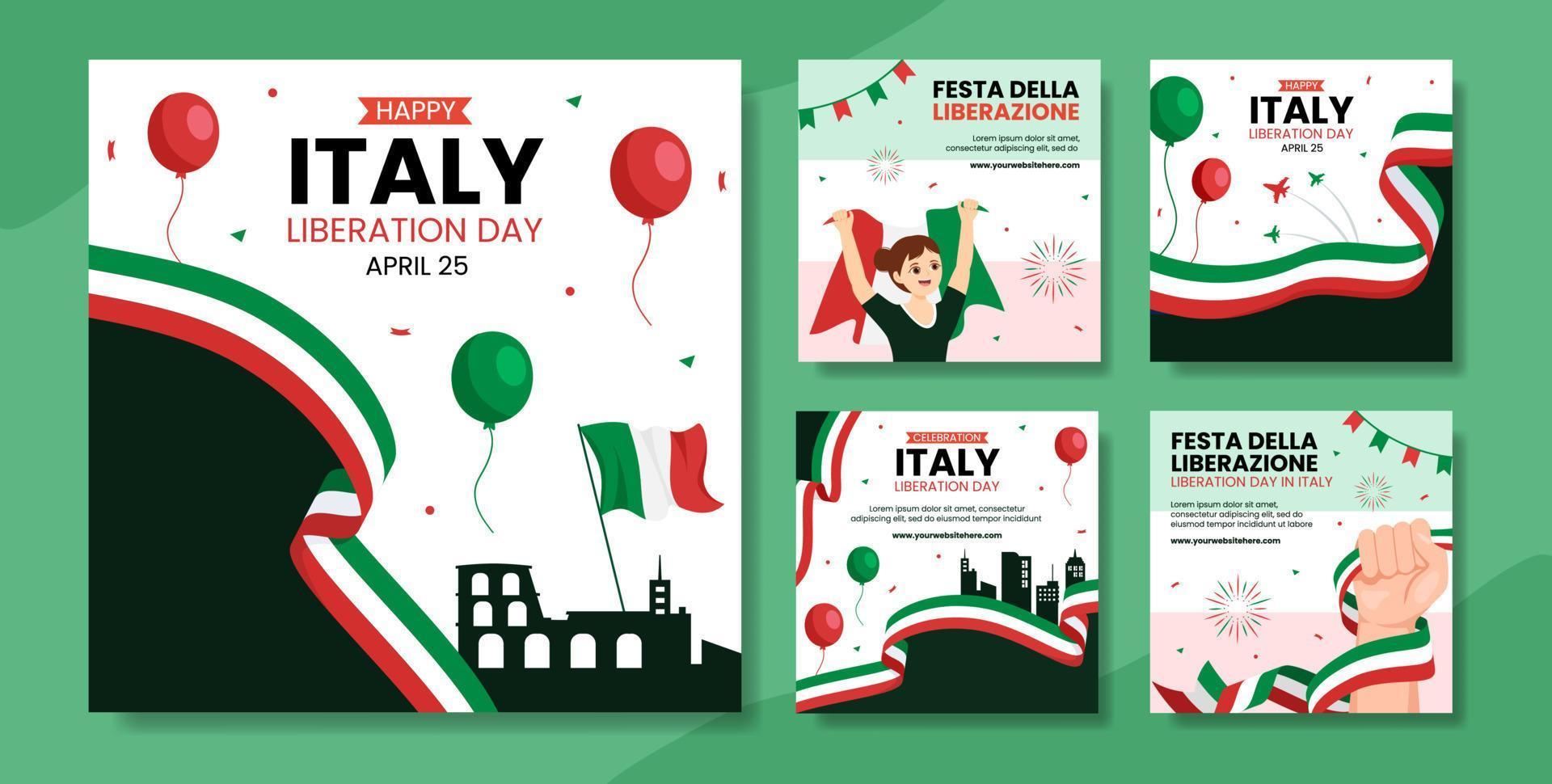 Italien befrielse dag social media posta platt tecknad serie hand dragen mallar bakgrund illustration vektor