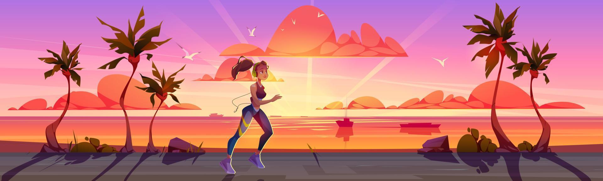 kvinna springa på handflatan väg på solnedgång vektor bakgrund