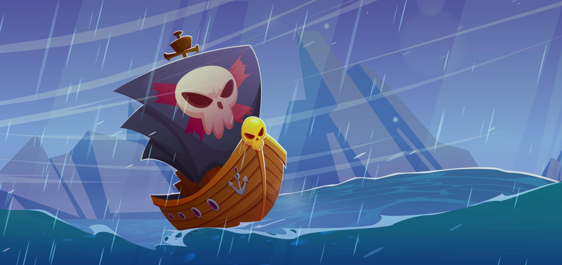 Karikatur Hintergrund mit Pirat Schiff im Sturm Meer vektor