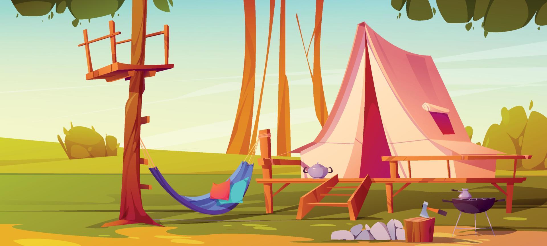 tecknad serie läger med tält, grill och hängmatta vektor