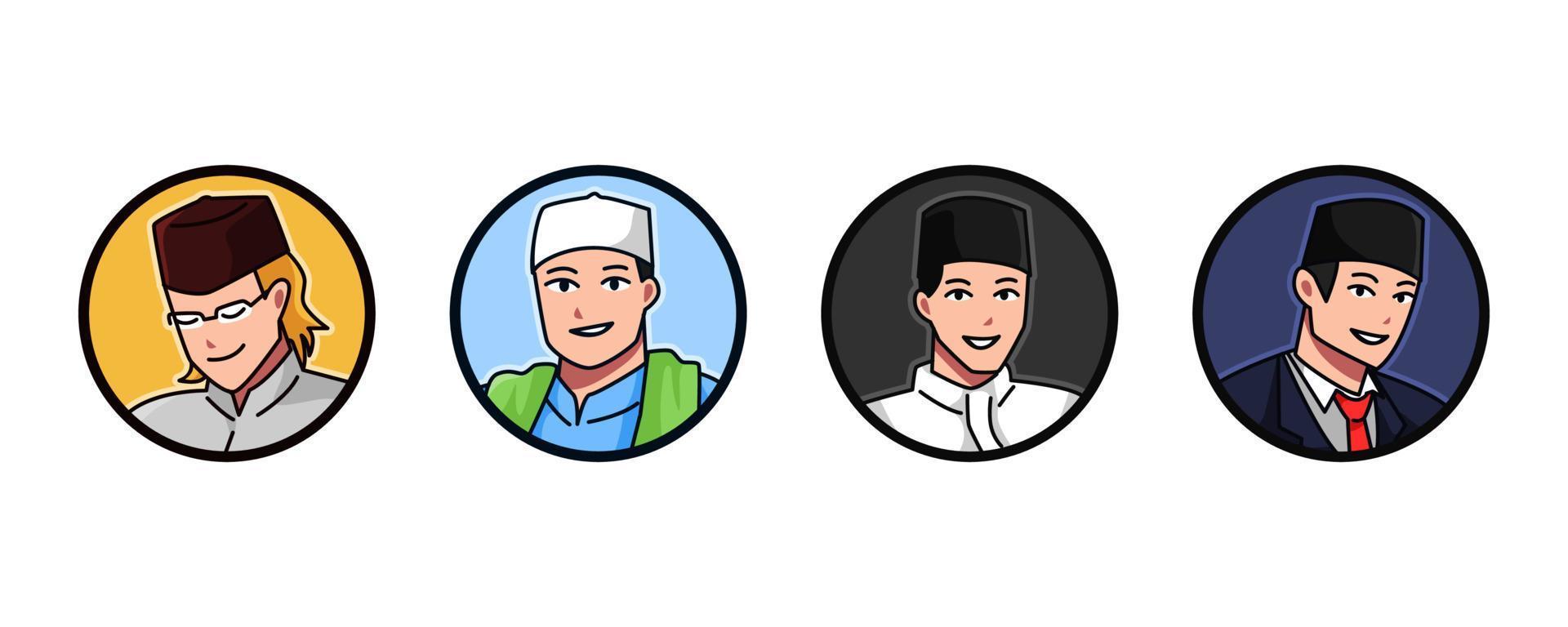 uppsättning avatar av en muslim manlig tecken bär en muslim keps, kopia, songkok. runda, cirkel ikon för social media, användare profil, hemsida, app. linje tecknad serie stil. vektor illustration.