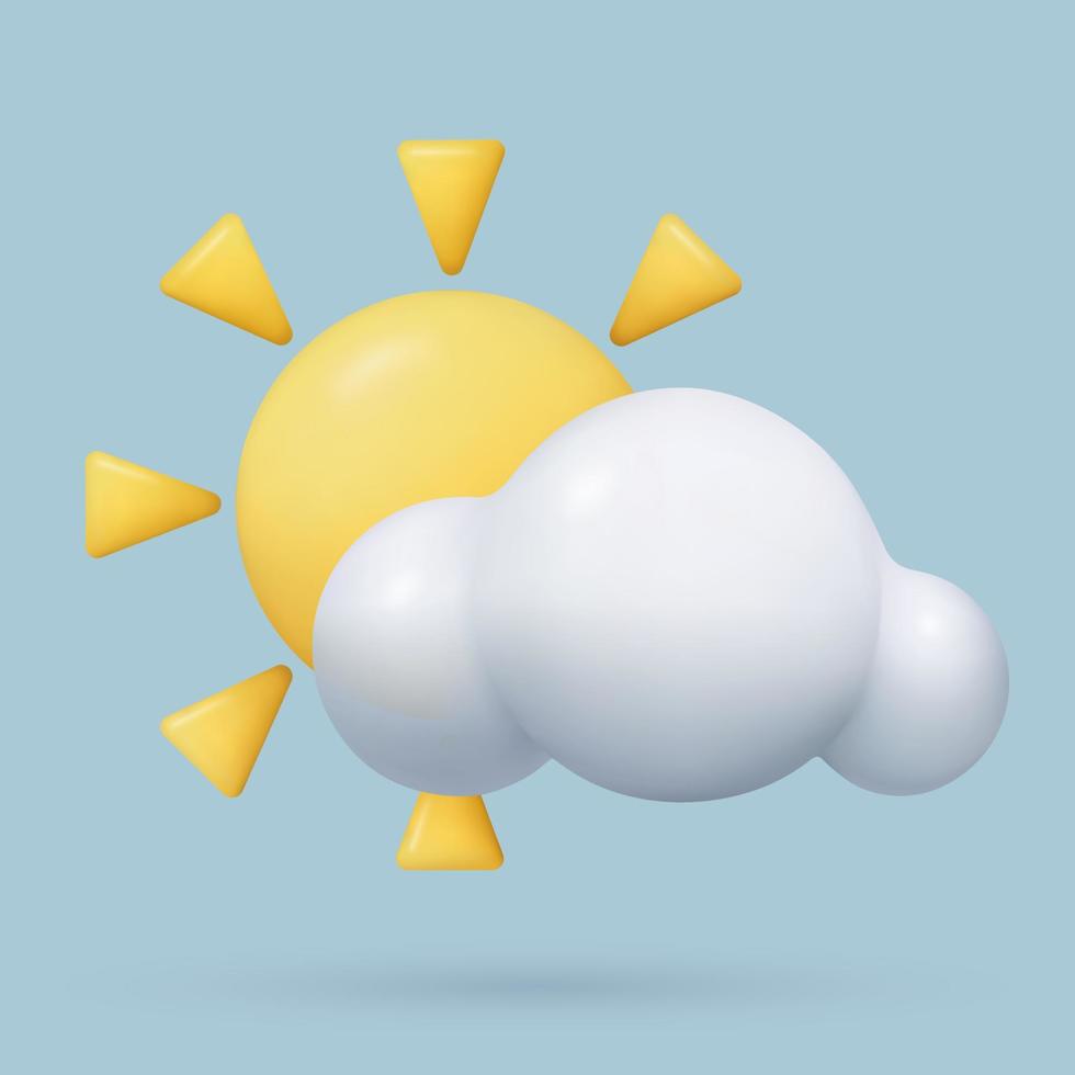 3d Sol och moln ikon. realistisk plast tre dimensionell solig delvis molnig himmel design element. vektor illustration på blå bakgrund med skugga undertill.