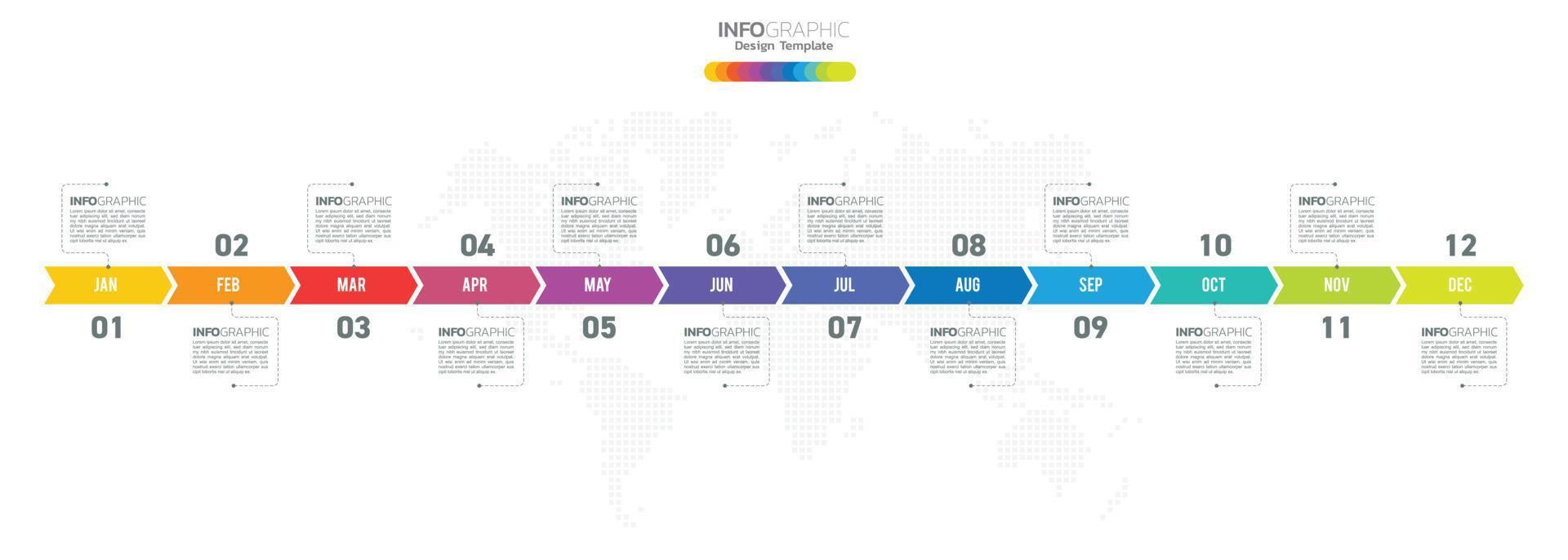 12 månader modern tidslinje diagram kalender, infographic mall för företag. vektor