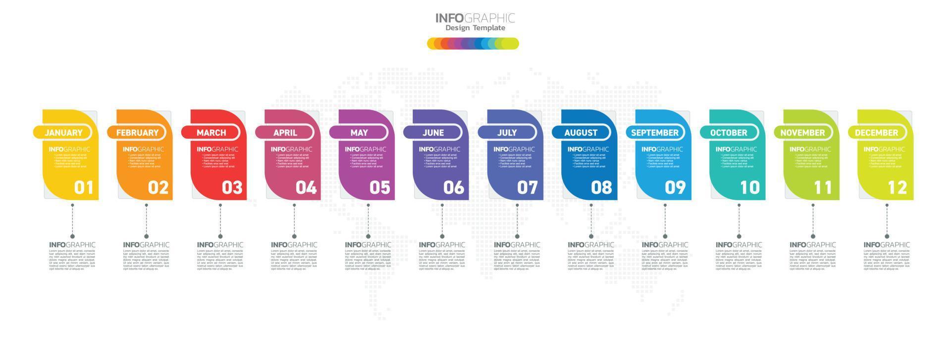 12 månader modern tidslinje diagram kalender, infographic mall för företag. vektor