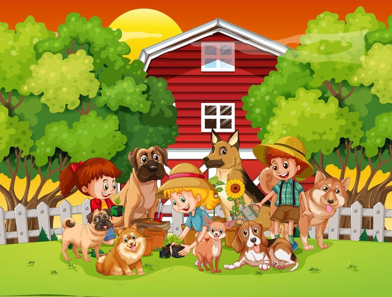 Haus Outdoor-Szene mit vielen Kindern und ihrem Haustier vektor
