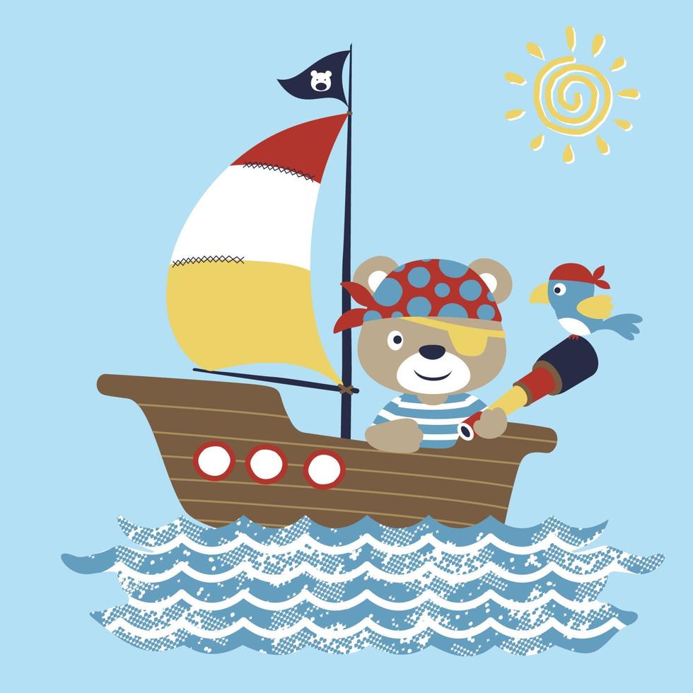 süß Bär im Pirat Kostüm mit wenig Vogel auf Segelboot, Vektor Karikatur Illustration