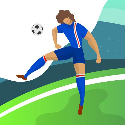 Moderner unbedeutender Island-Fußball-Spieler-Stürmer für die Weltmeisterschaft 2018, die einen Ball mit Steigungshintergrund-Vektor Illustration vorangeht vektor