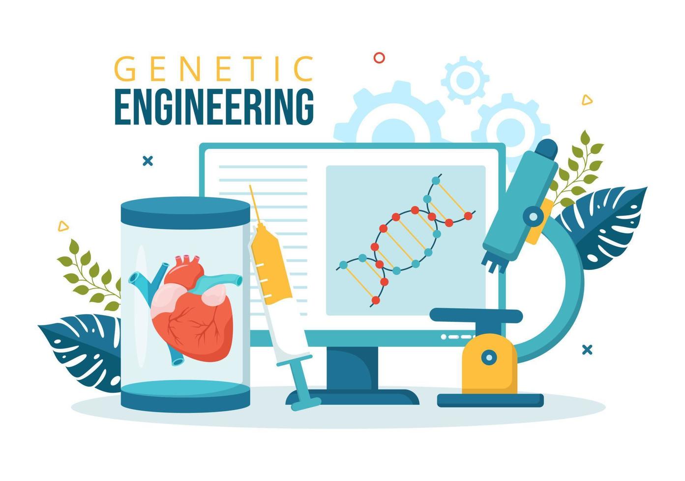 genetisk teknik och dna ändringar illustration med genetik forskning eller experimentera vetenskapsmän i platt tecknad serie hand dragen mallar vektor