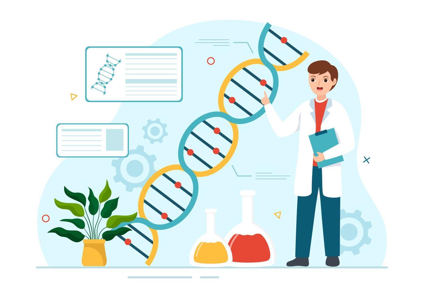 genetisk teknik och dna ändringar illustration med genetik forskning eller experimentera vetenskapsmän i platt tecknad serie hand dragen mallar vektor