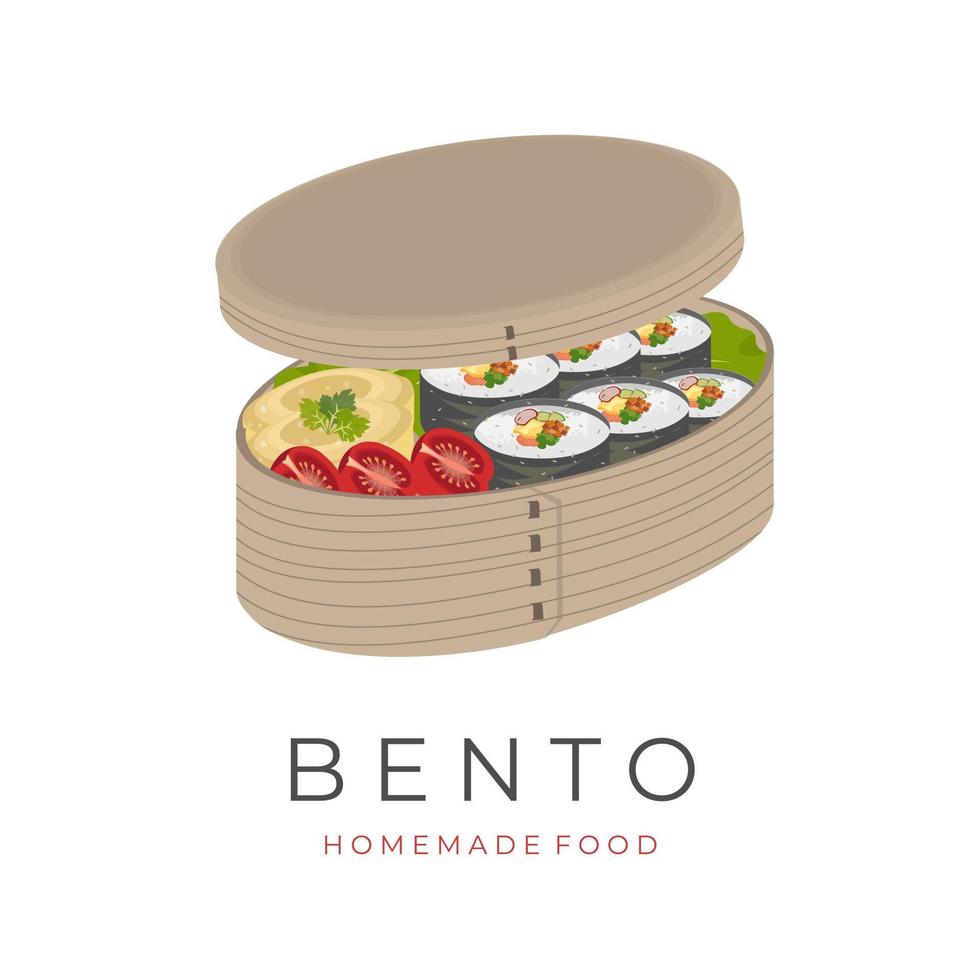 Vektor Illustration Logo Bento Mittagessen Box mit köstlich Füllung von kimbab Gimbab und Seite Geschirr