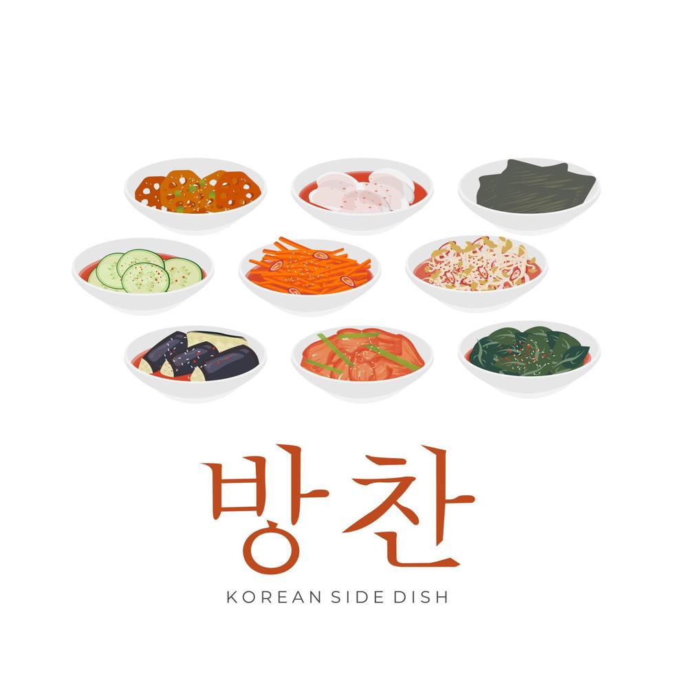 vektor illustration logotyp uppsättning av koreanska sida maträtter eller banchan eras i små vit skålar
