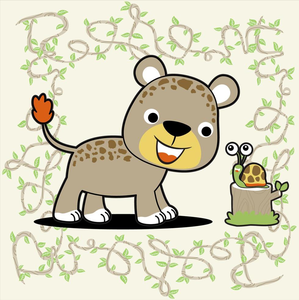 süß Leopard mit wenig Schnecke auf Baum Stumpf im Reben Rahmen Grenze, Vektor Karikatur Illustration