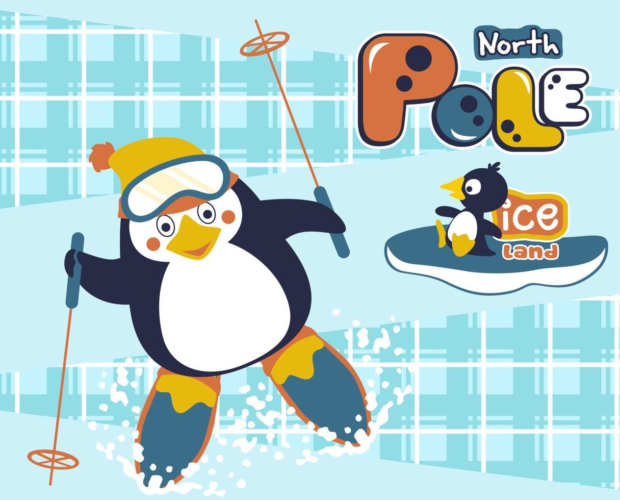 süß Pinguin Skifahren, wenig Pinguin auf Eis Stück, Vektor Karikatur Illustration