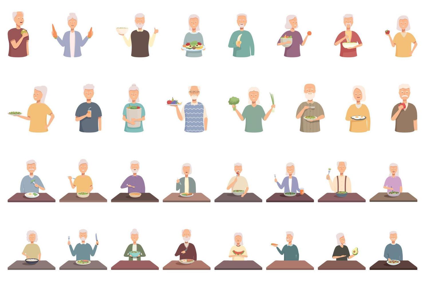 senior människor äta friska mat ikoner uppsättning tecknad serie vektor. gammal kvinna vektor