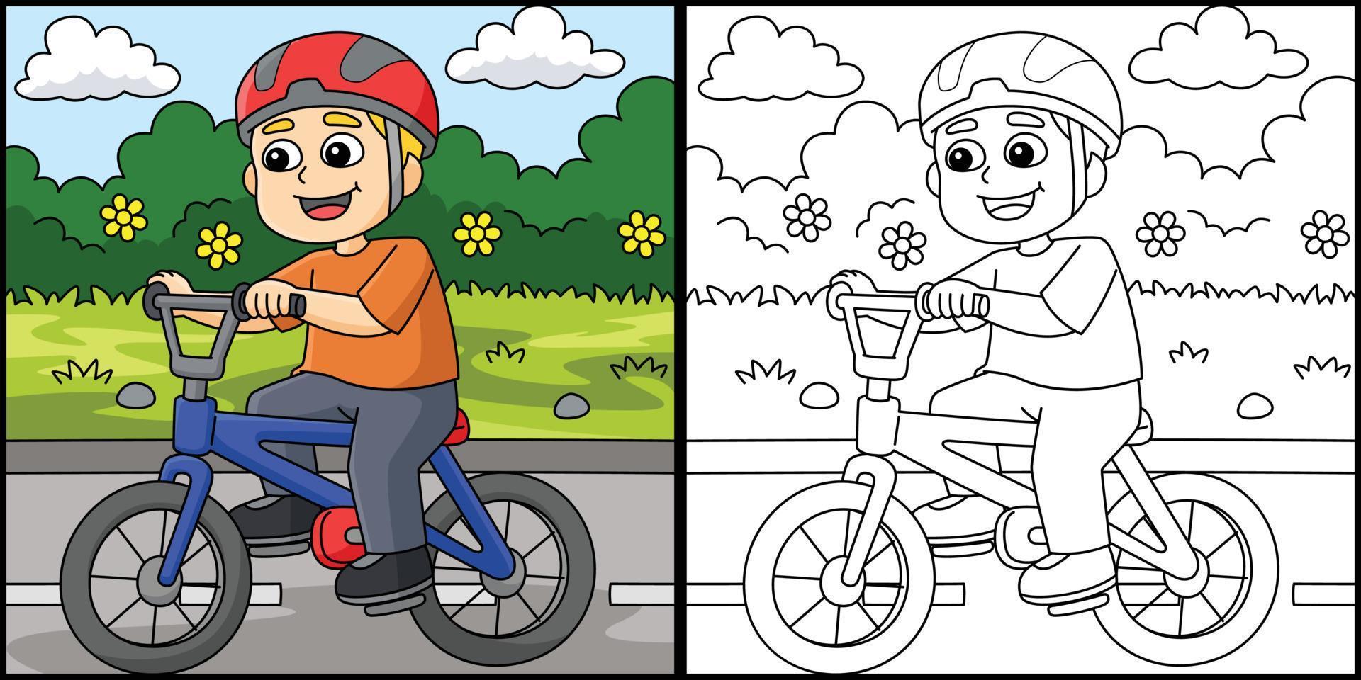 Junge Radfahren Färbung Seite farbig Illustration vektor