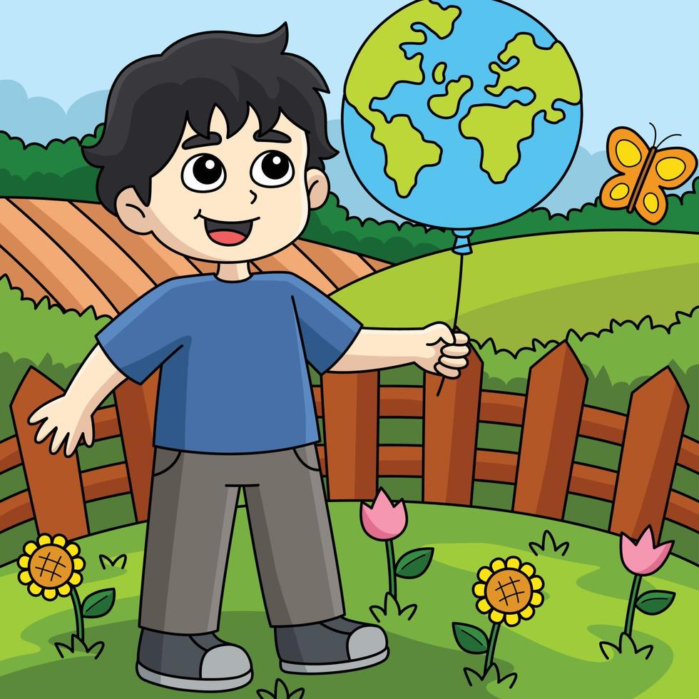 Junge halten ein Erde Ballon farbig Karikatur vektor