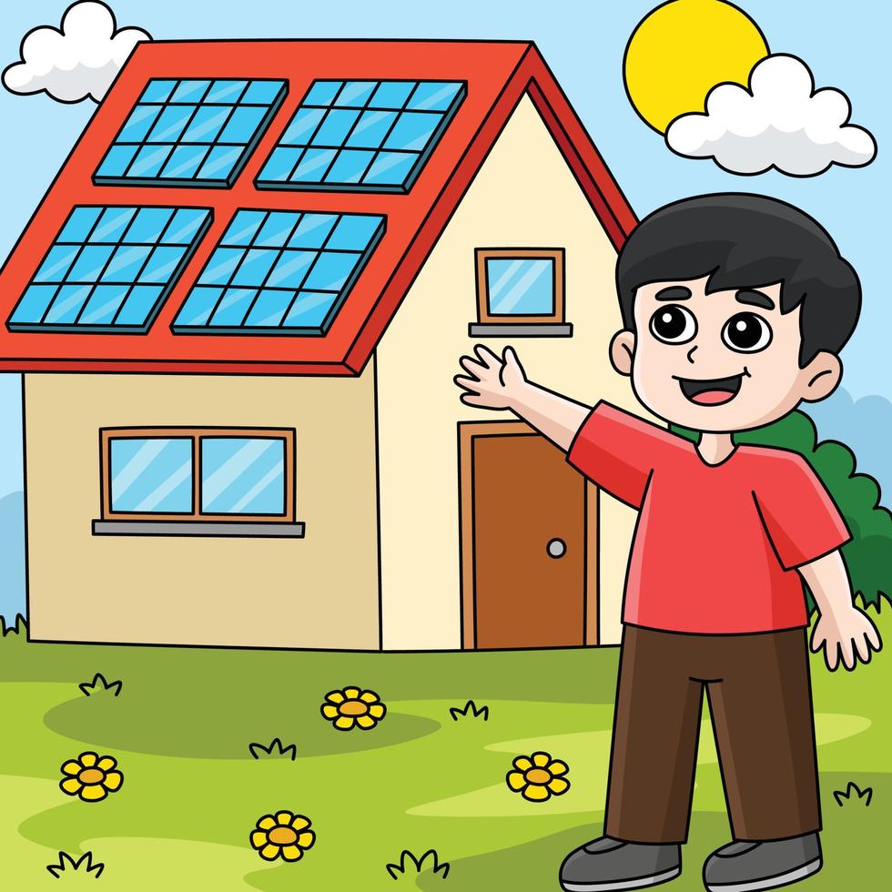 pojke med en sol- panel hus färgad tecknad serie vektor