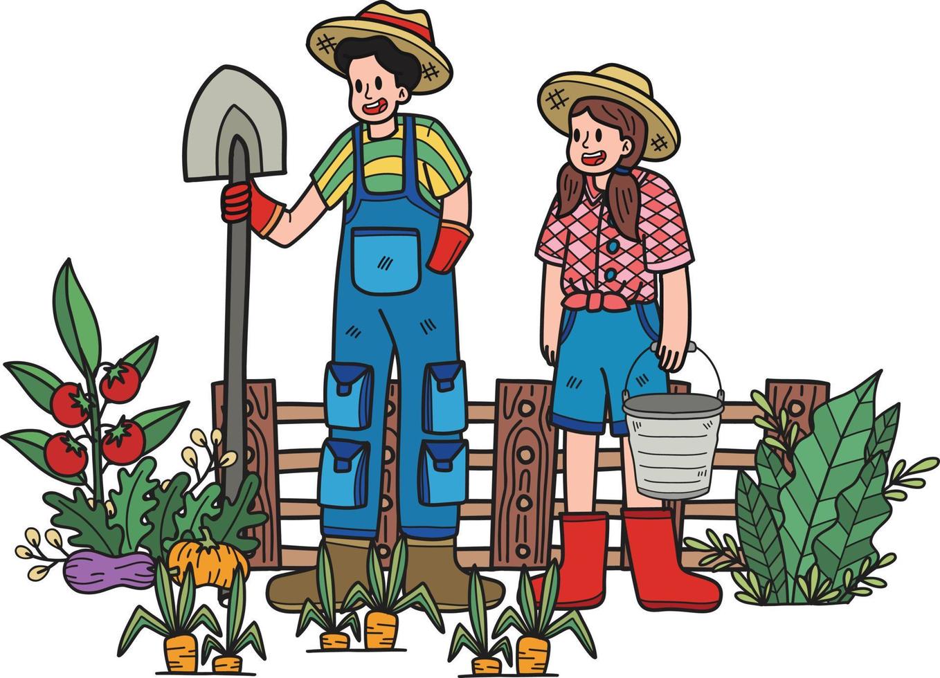 trädgårdsmästare plantering grönsaker illustration i klotter stil vektor
