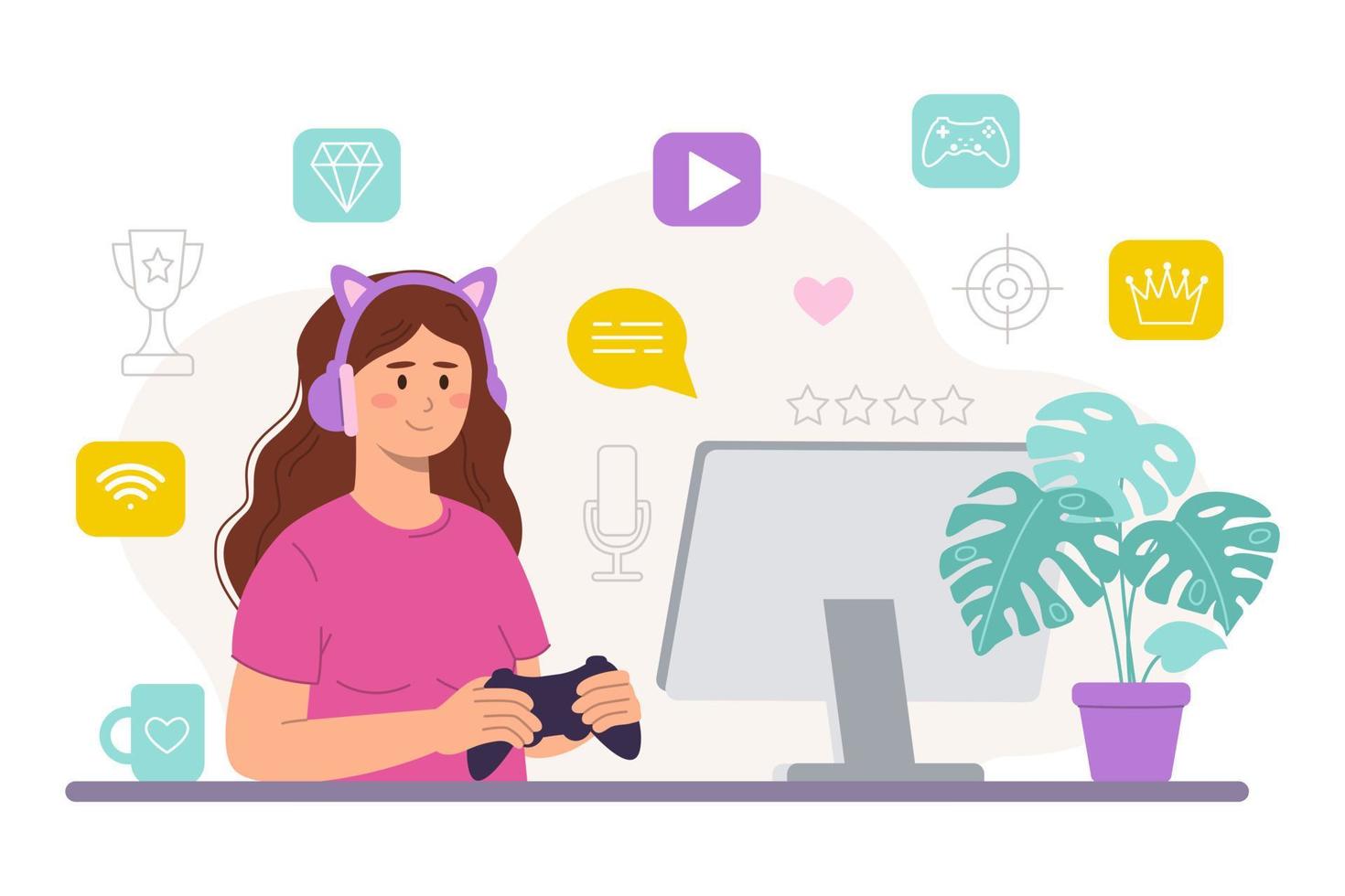weiblich Spieler mit Joystick beim das Monitor im Spielen kawaii Kopfhörer mit Ohren. Zuhause Umfeld. Vektor eben Illustration
