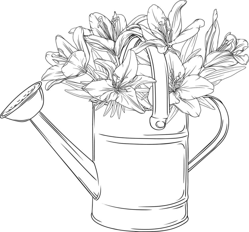 svart och vit färg bok med en trädgård vattning kan och en bukett av blommor. vektor illustration målad i svart översikt trädgård vattning kan med lilja blommor