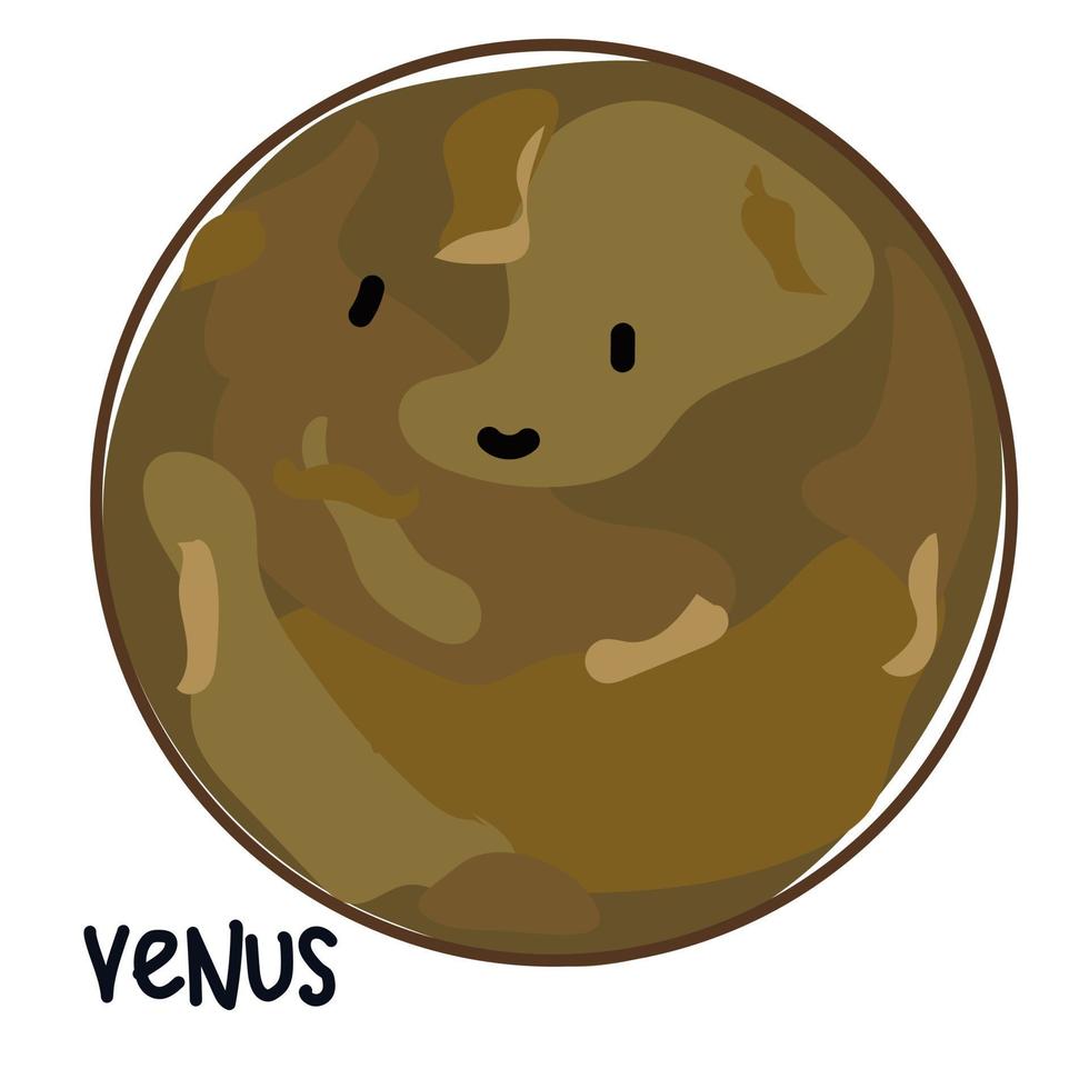 isoliert groß farbig Planet Venus mit ein Gesicht und Unterschrift. Karikatur Vektor Illustration von ein süß lächelnd Planet im das Solar- System. verwenden zum ein Logo zum Kinder- Produkte