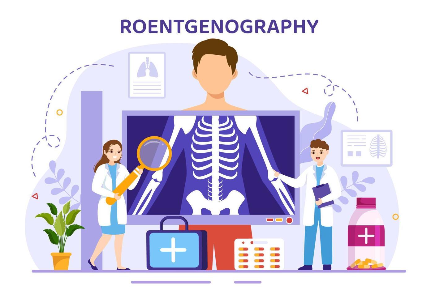 röntgenografi illustration med fluorografi kropp kolla upp procedur, röntgen läser in eller röntgen i hälsa vård platt tecknad serie hand dragen mallar vektor