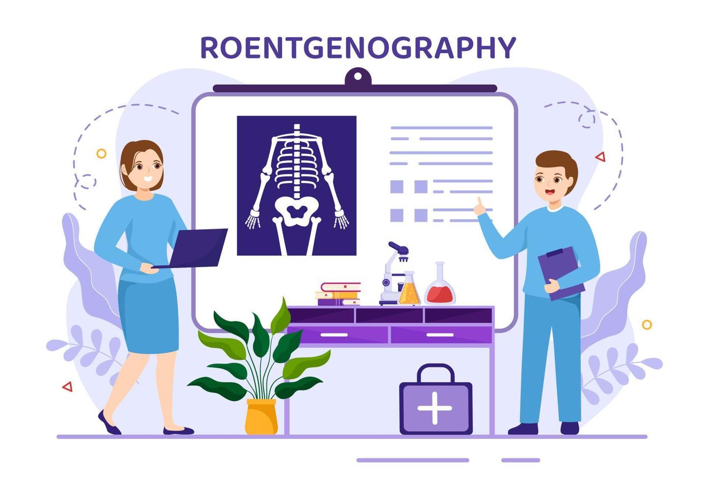röntgenografi illustration med fluorografi kropp kolla upp procedur, röntgen läser in eller röntgen i hälsa vård platt tecknad serie hand dragen mallar vektor