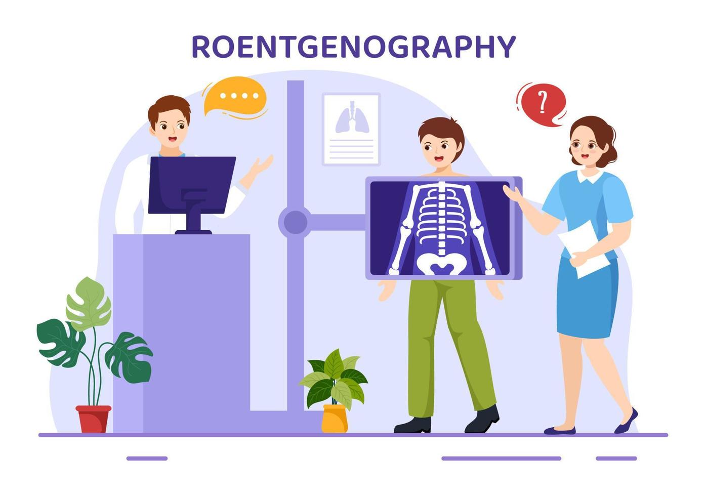 röntgenografi illustration med fluorografi kropp kolla upp procedur, röntgen läser in eller röntgen i hälsa vård platt tecknad serie hand dragen mallar vektor