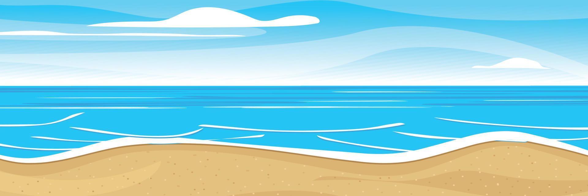 ein Strand Szene mit ein Blau Himmel und ein Strand und ein Blau Meer. Sommer- Hintergrund mit Kopieren Raum. Vektor Illustration.