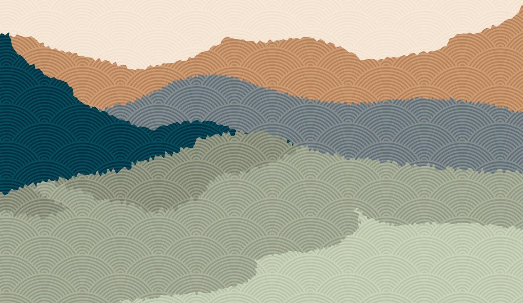 Landschaftshintergrund mit Gebirgslandschaft verziert mit japanischem Wellenmuster. Vektorillustration des Reise- und Abenteuerthemas mit abstrakter Naturlandschaft vektor