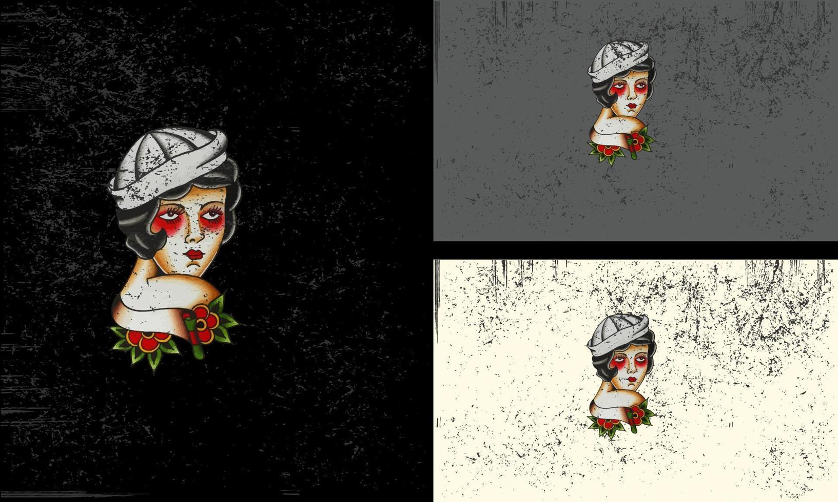 ansikte kvinnor och röd blommor vektor illustration tatuering design