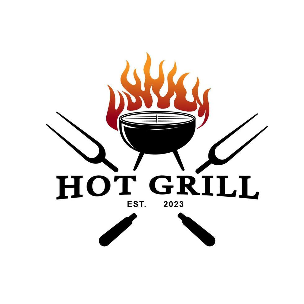 Grill-Vintage-Logo-Konzept. grillwerkzeug mit feuerflammenstempelvorlage. Vektor-Illustration vektor