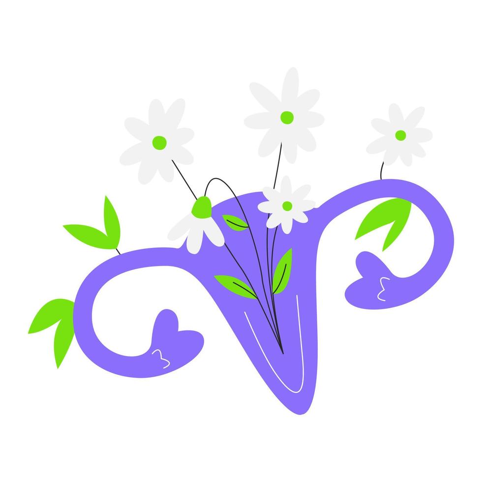 organ livmoder med blomning blommor. inre kvinna reproduktiv systemet organ med kamomiller. kvinnors hälsa symbol. feminism begrepp. hand dragen platt vektor illustration isolerat på vit bakgrund