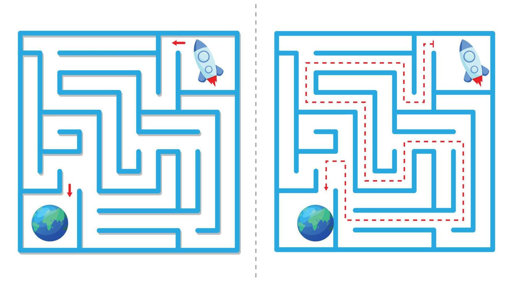 enkel labyrint abstrakt spel med svar. hjälp raket flyga till jorden. lätt labyrint för ungar. vektor