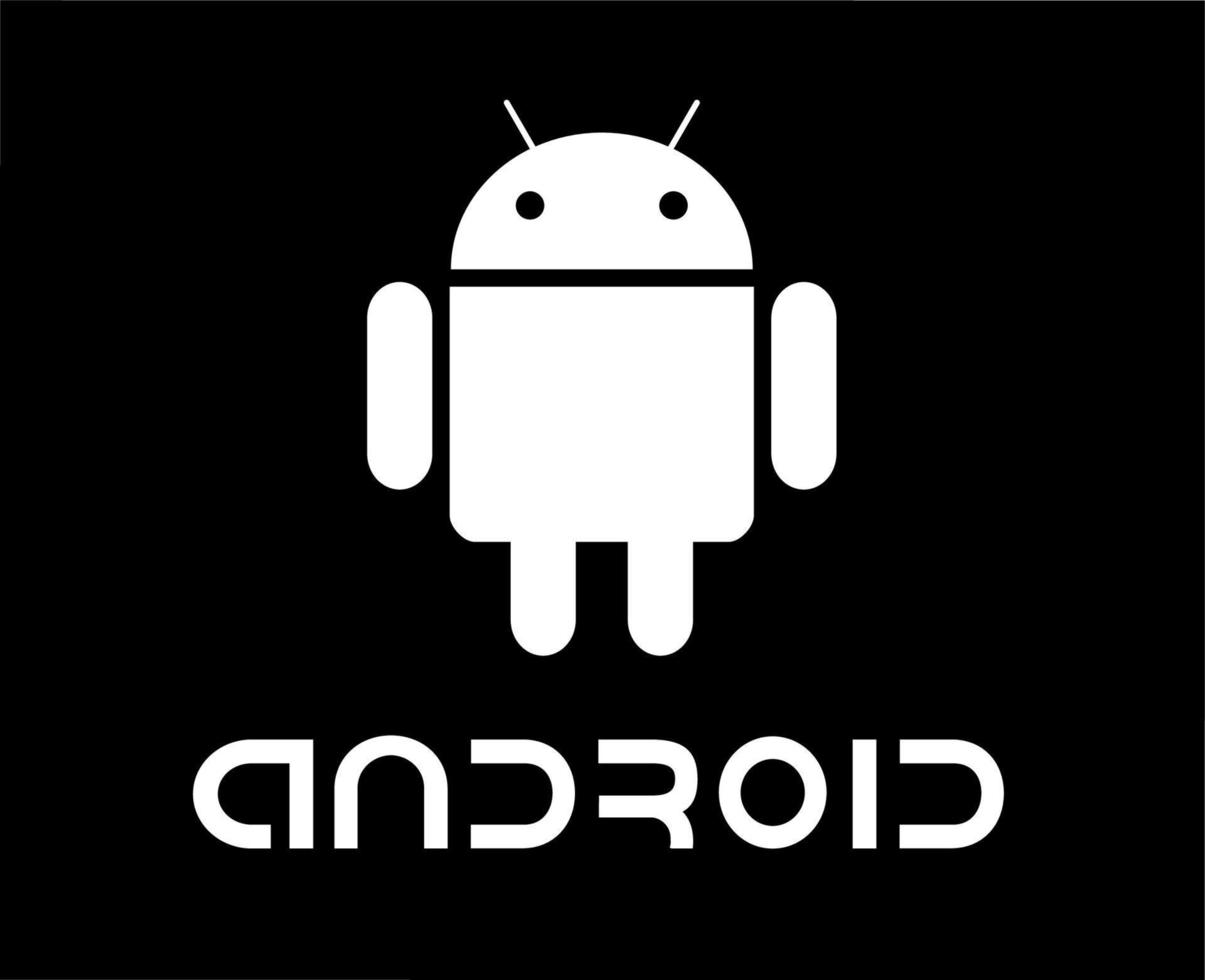 Android Betriebs System Symbol Logo Software Telefon Symbol mit Name Weiß Design Handy, Mobiltelefon Vektor Illustration mit schwarz Hintergrund