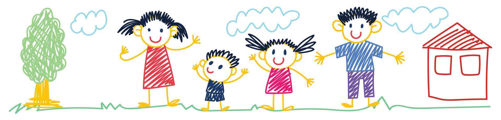 Lycklig familj barn teckning, vax krita hus utomhus- mångfärgad. vektor