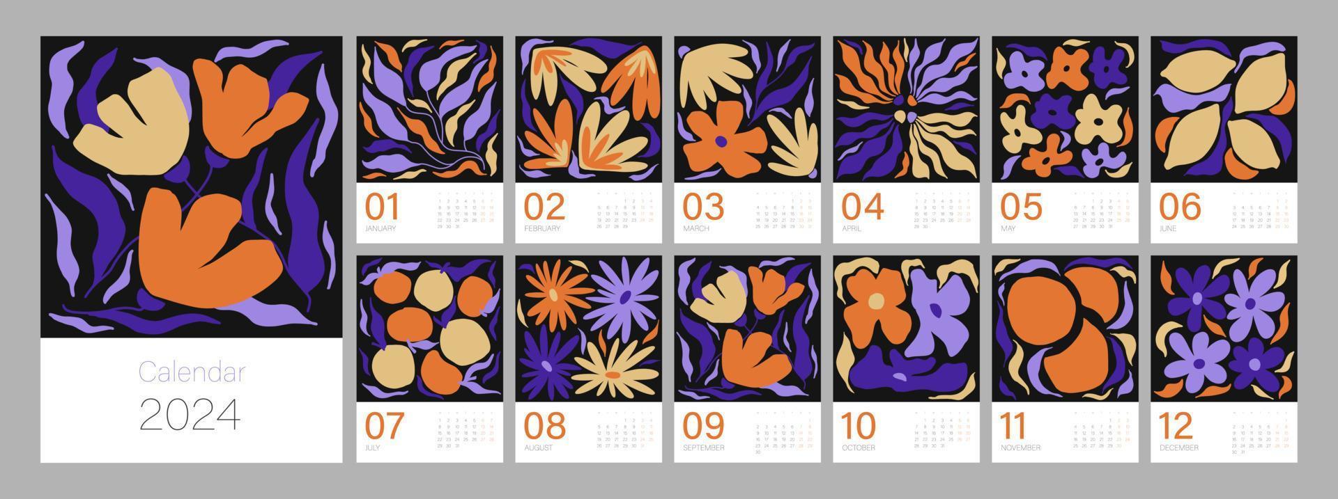 blommig kalender mall för 2024. vertikal design med ljus färgrik blommor och löv. redigerbar illustration sida mall a4, a3, uppsättning av 12 månader med omslag. vektor maska. vecka börjar på måndag.