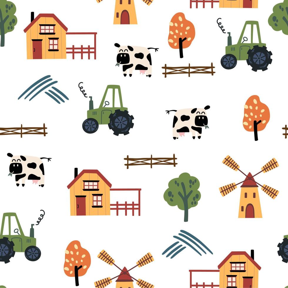 Bauernhof nahtlos Muster schön Landschaft Hintergrund mit Auto Traktoren, Häuser und Kuh. Hand gezeichnet Design im Karikatur Stil, verwenden zum drucken, Hintergrund, Kinder Kleidung, Mode. Vektor Illustration
