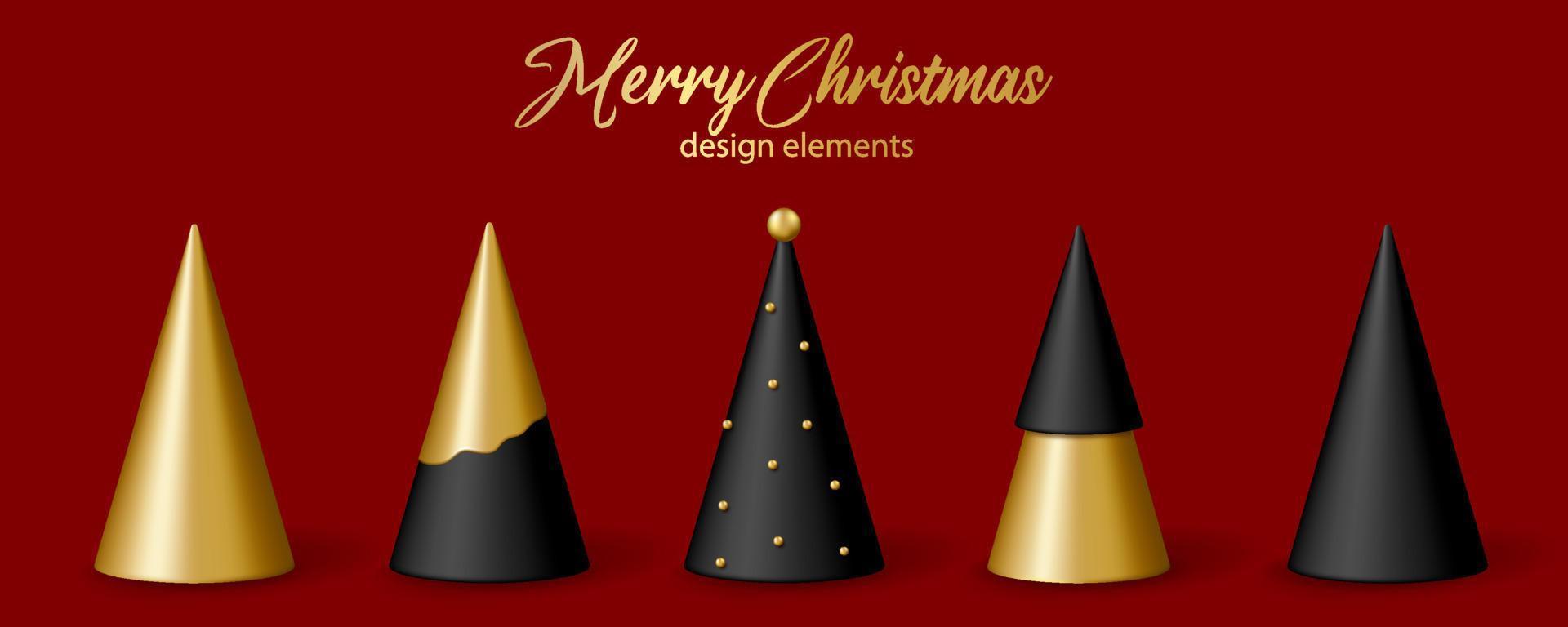 jul och ny år dekor. uppsättning av 3d realistisk gyllene och svart jul träd. vektor
