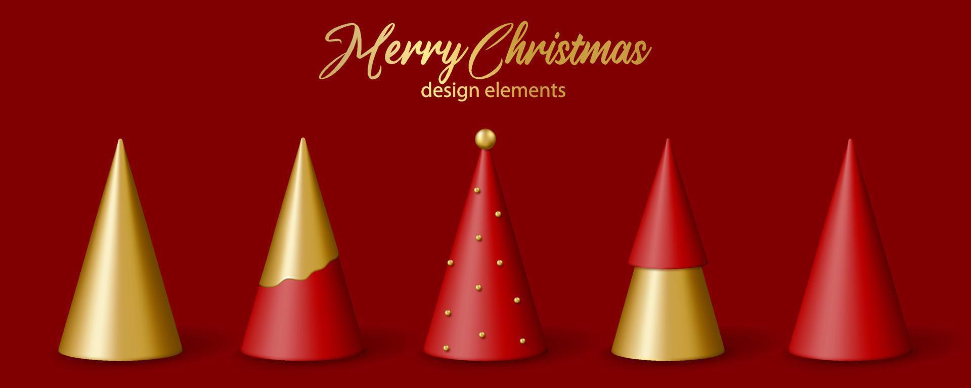 jul och ny år dekor. uppsättning av 3d realistisk gyllene och röd jul träd. vektor