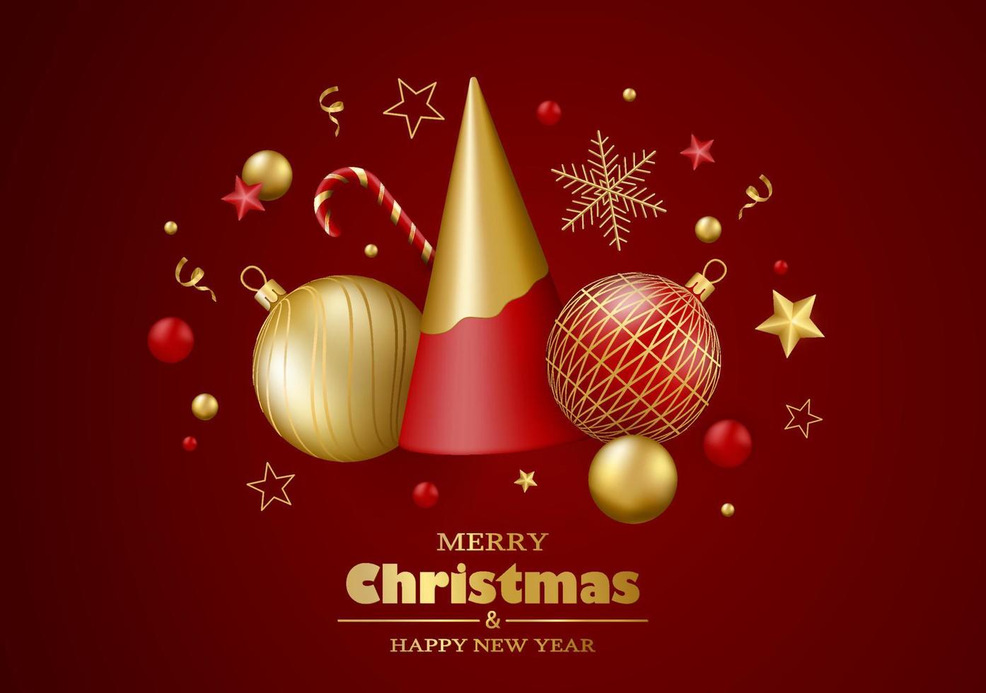 fröhlich Weihnachten und glücklich Neu Jahr Hintergrund. rot und Gold 3d Objekte. Weihnachten Baum, Bälle und Gold Dekor. vektor