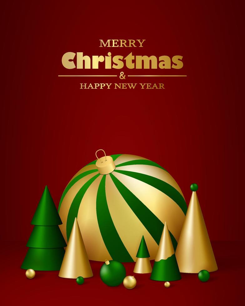 Lycklig ny år och glad jul kort med guld och grön 3d jul bollar och gran träd. vektor