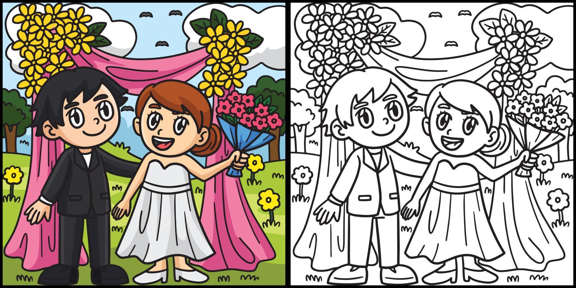 Hochzeit Bräutigam und Braut Färbung Seite Illustration vektor