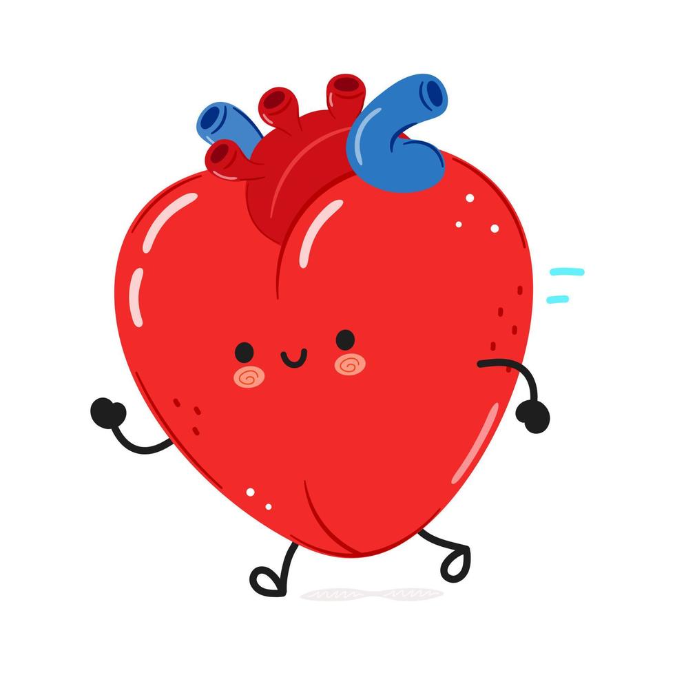 söt rolig löpning hjärta organ. vektor hand dragen tecknad serie söt karaktär illustration ikon. isolerat på vit bakgrund. springa hjärta organ begrepp