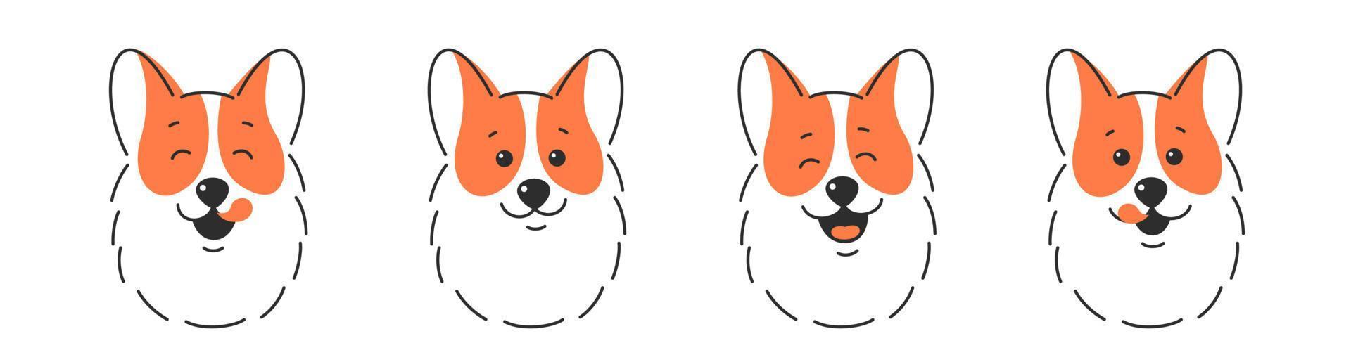 olika hund ansikte. Lycklig hund ansikte med tunga hängande ut, tunga slicka mun. vektor illustration isolerat på vit bakgrund.