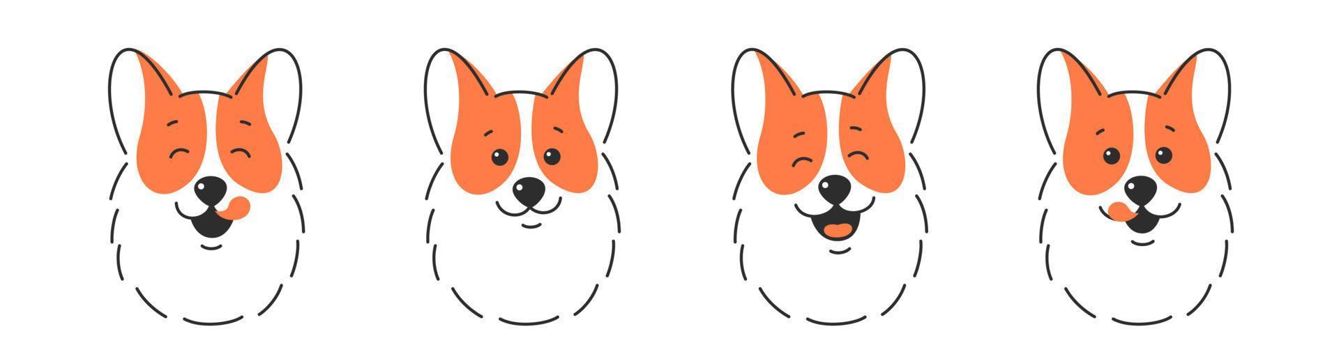 verschiedene Hund Gesicht. glücklich Hund Gesicht mit Zunge hängend aus, Zunge lecken Mund. Vektor Illustration isoliert auf Weiß Hintergrund.