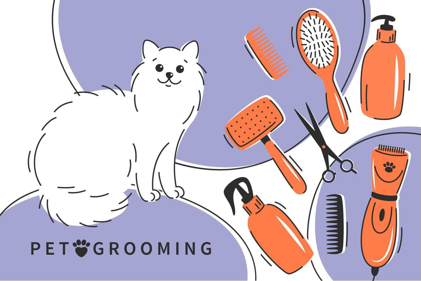 sällskapsdjur grooming. tecknad serie söt katt med annorlunda verktyg för djur- hår skötsel, frisyr, badning, hygien. sällskapsdjur vård salong begrepp. vektor illustration