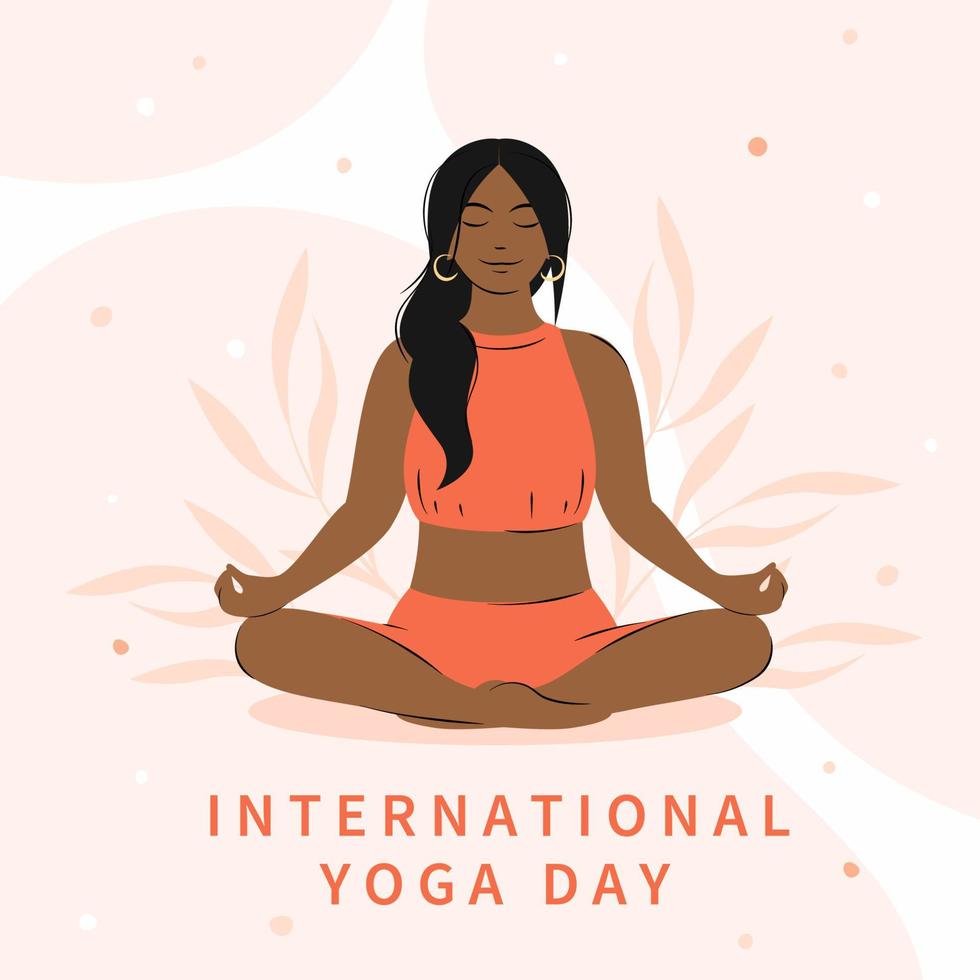 International Yoga Tag. Frau mit dunkel Haut und Haar meditieren, üben Yoga. Vektor Illustration.