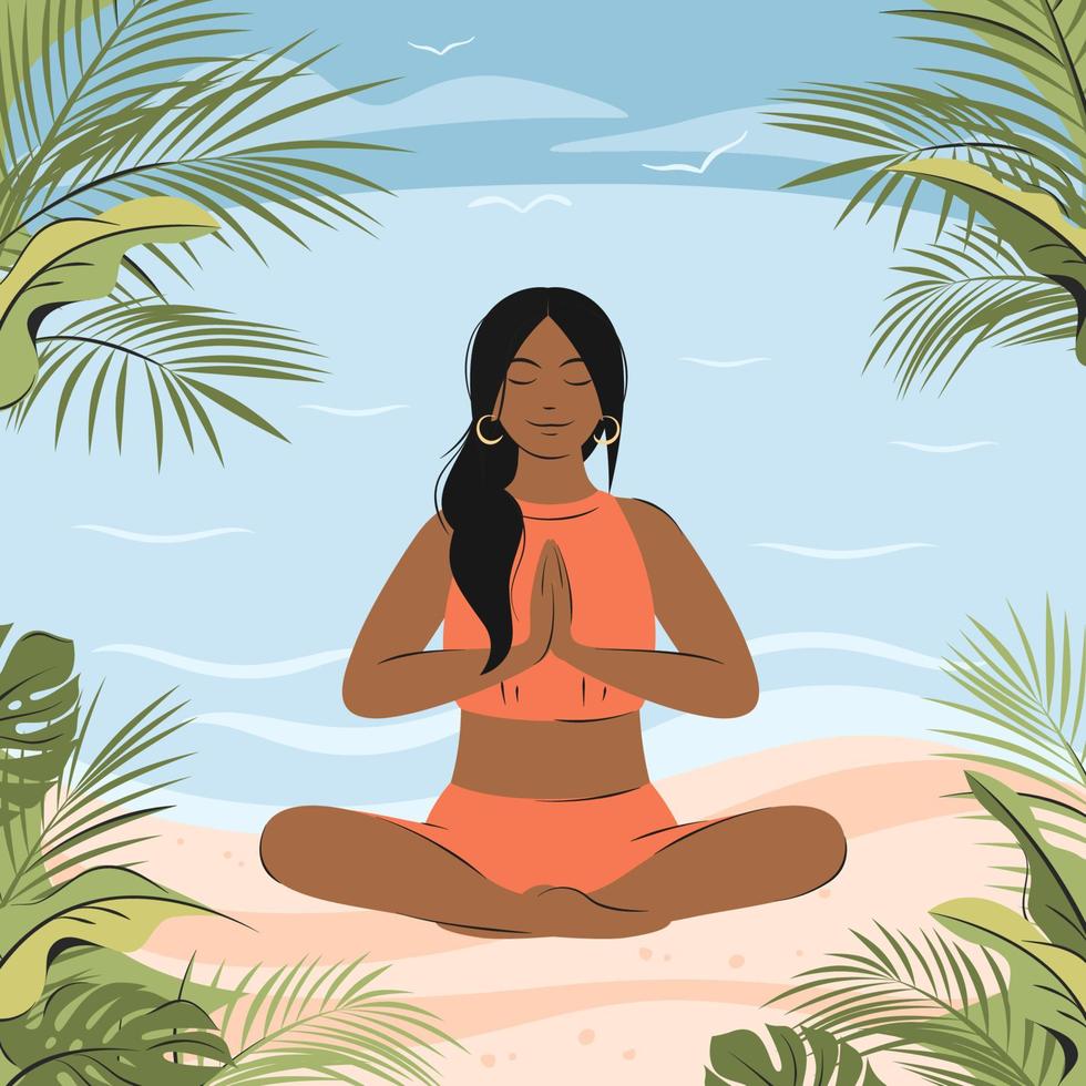 ung afrikansk amerikan kvinna mediterar Sammanträde i lotus på de natur. begrepp illustration för yoga, meditation, koppla av, fysisk och mental hälsa. vektor illustration i platt stil.